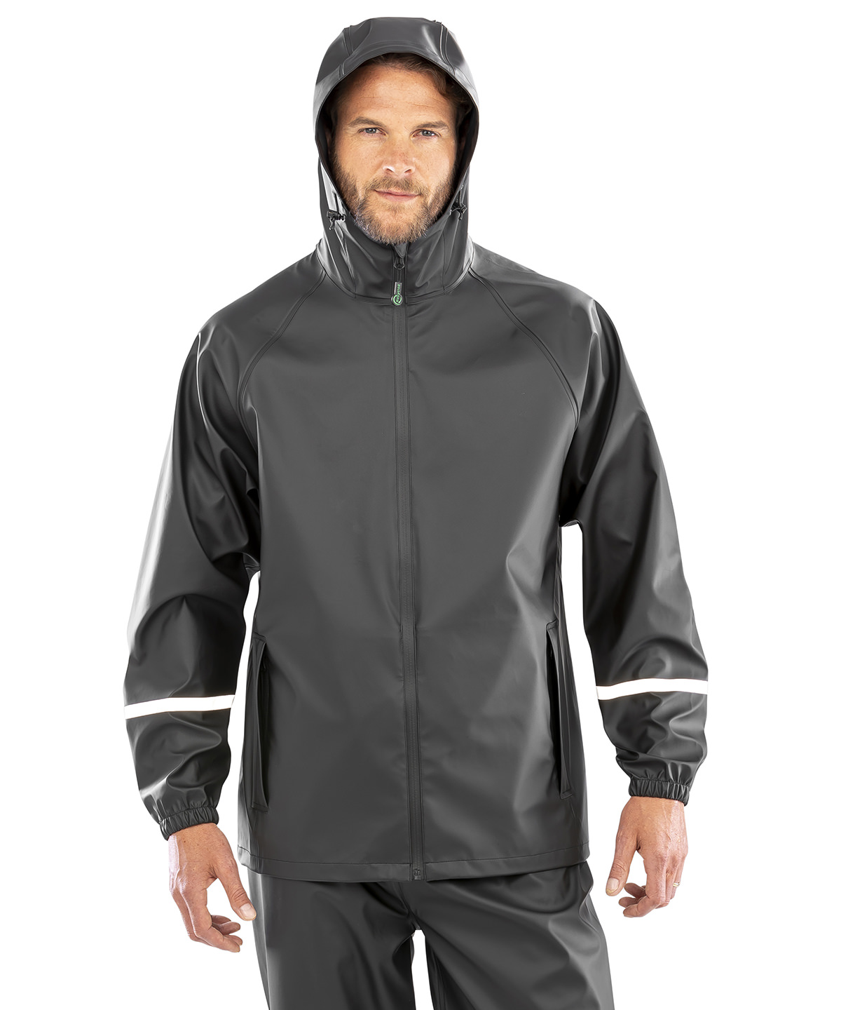Prism pu waterproof jacket with reflective bands and recycled backing